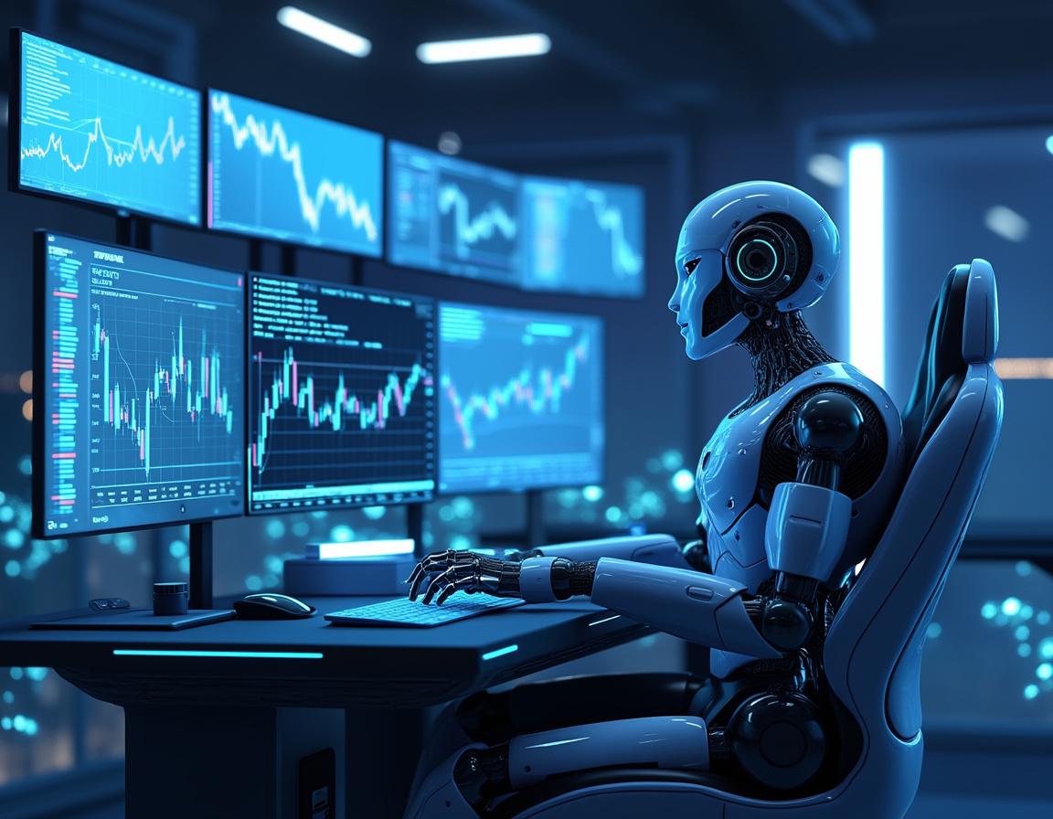 A sleek humanoid AI trading bot analyzes market data on multiple screens in a high-tech environment.