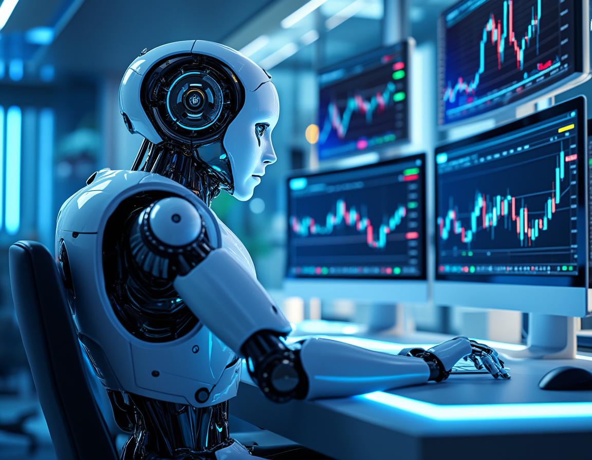 A humanoid AI trading bot analyzes market data at a high-tech workstation in a futuristic setting.