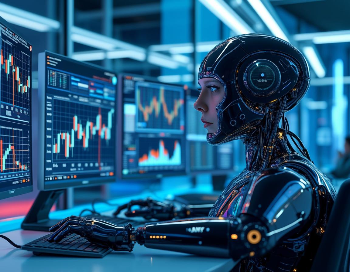 A hyper-realistic AI trading bot at a workstation with multiple screens displaying market charts.