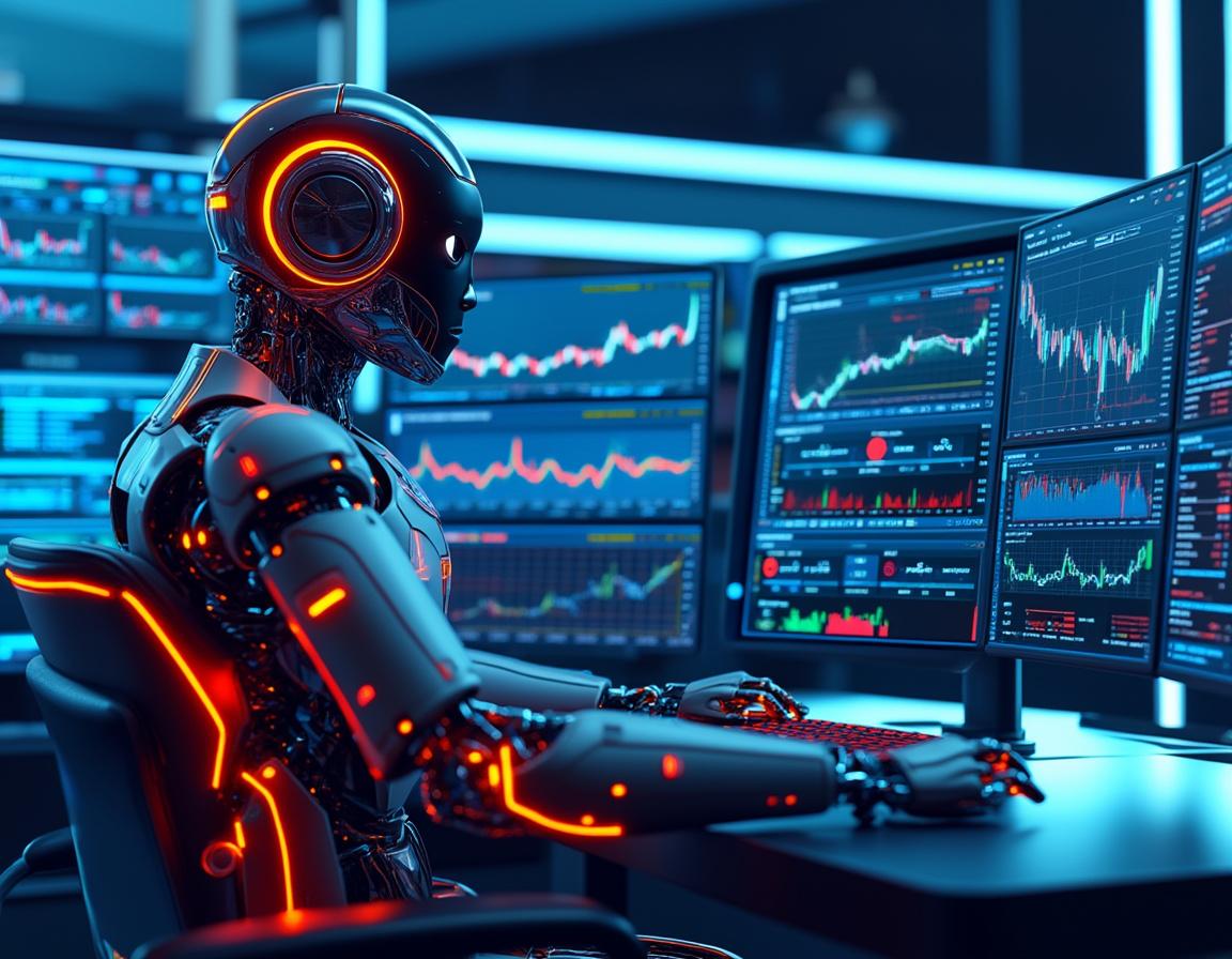 A hyper-realistic AI trading bot analyzes data at a high-tech workstation in a futuristic setting.