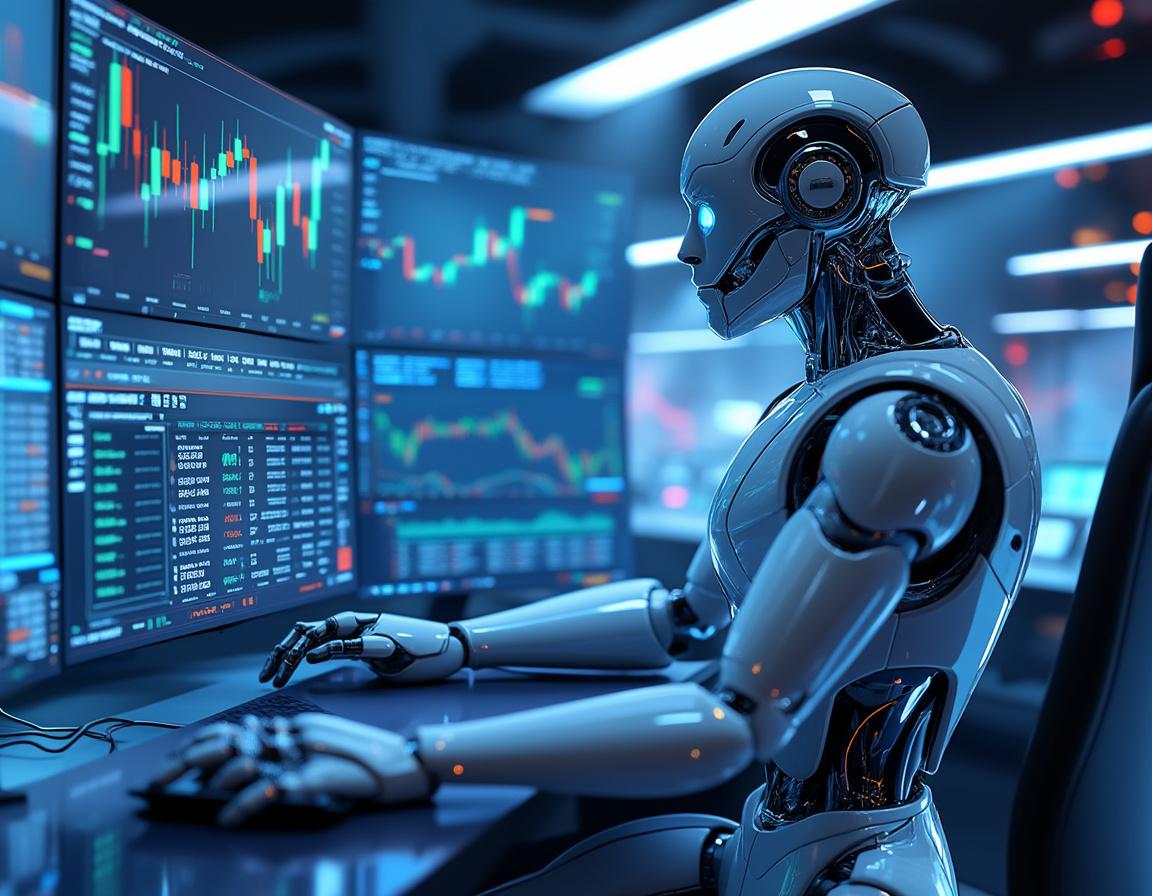 A hyper-realistic AI trading bot at a sleek workstation, analyzing market data on multiple screens.
