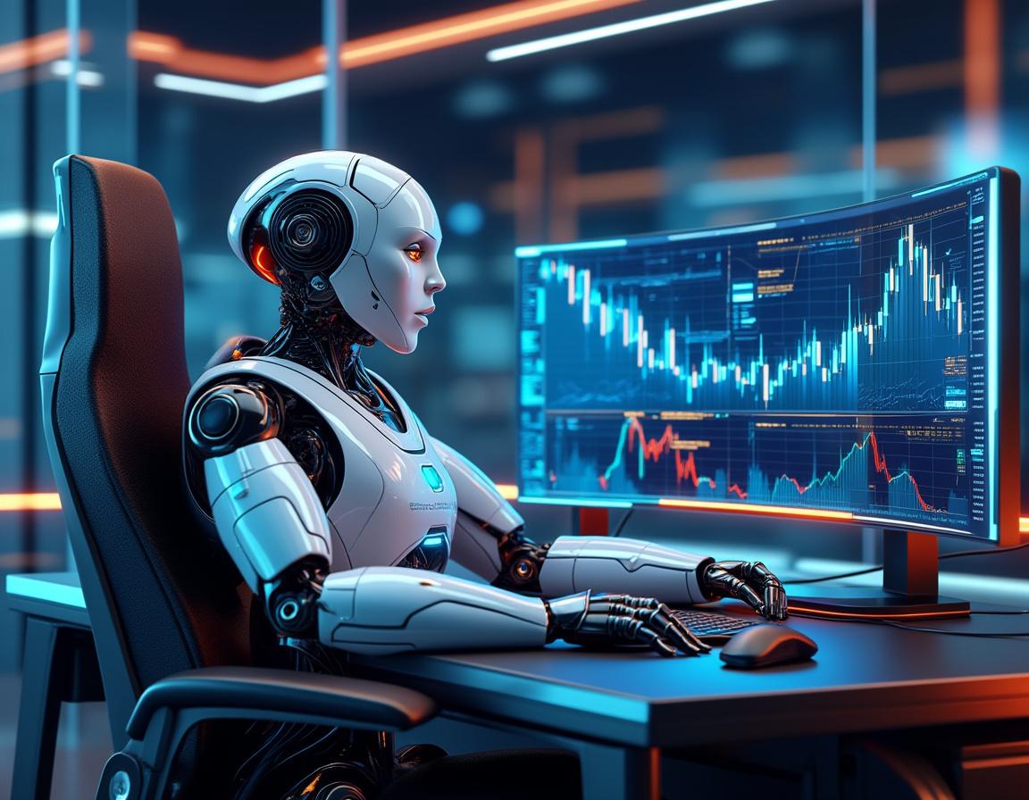 A hyper-realistic AI trading bot in a futuristic setting analyzing market data on multiple screens.