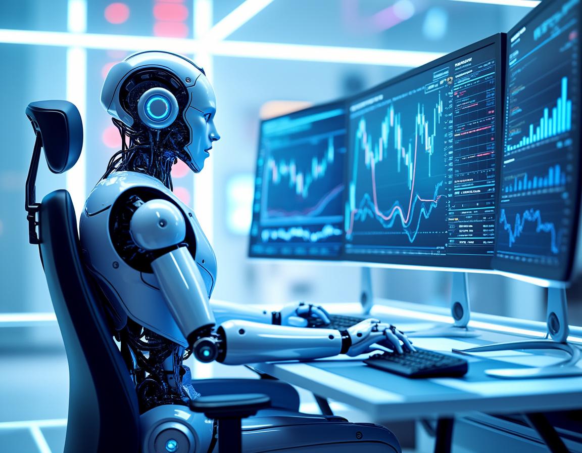 A humanoid AI trading bot at a high-tech workstation analyzes market data on multiple screens.