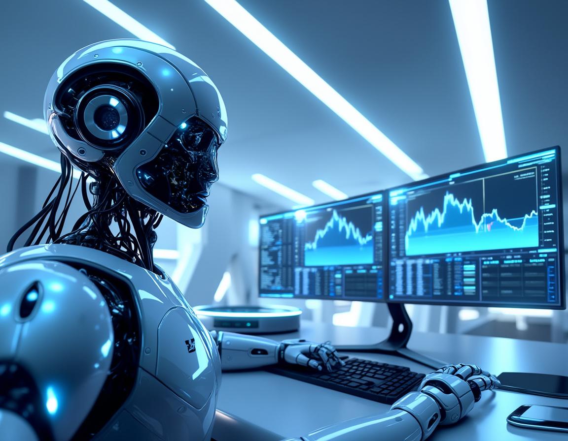 A sleek AI-powered trading bot analyzes market data at a high-tech workstation, trading seamlessly.