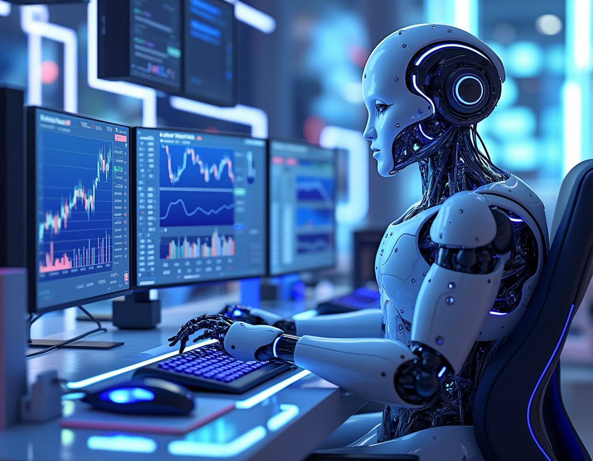 A humanoid AI trading bot analyzes market data at a futuristic workstation with multiple screens.