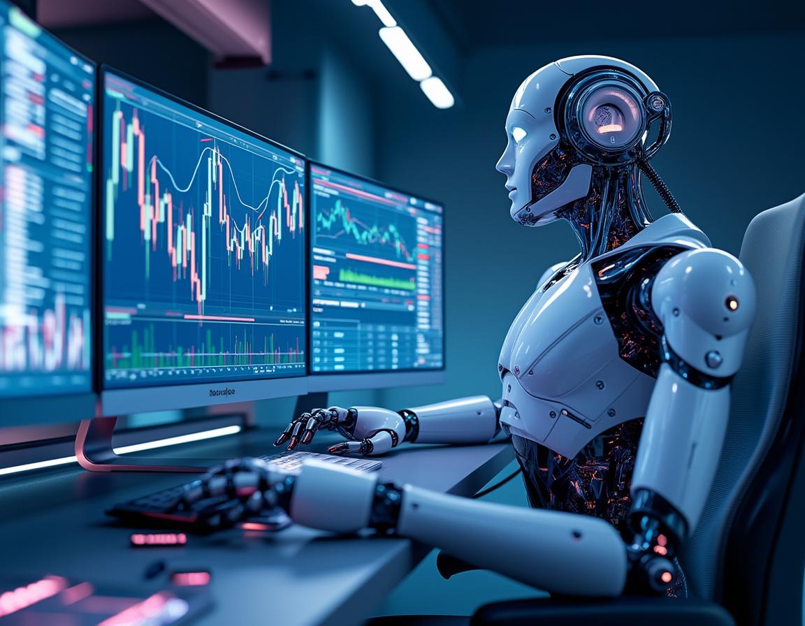 A hyper-realistic AI trading bot at a high-tech workstation analyzing crypto and stock market data.