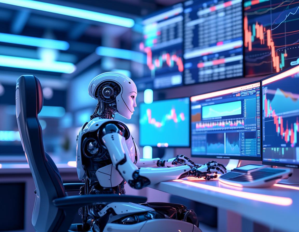 A humanoid AI trading bot at a high-tech workstation, analyzing market data with multiple screens.
