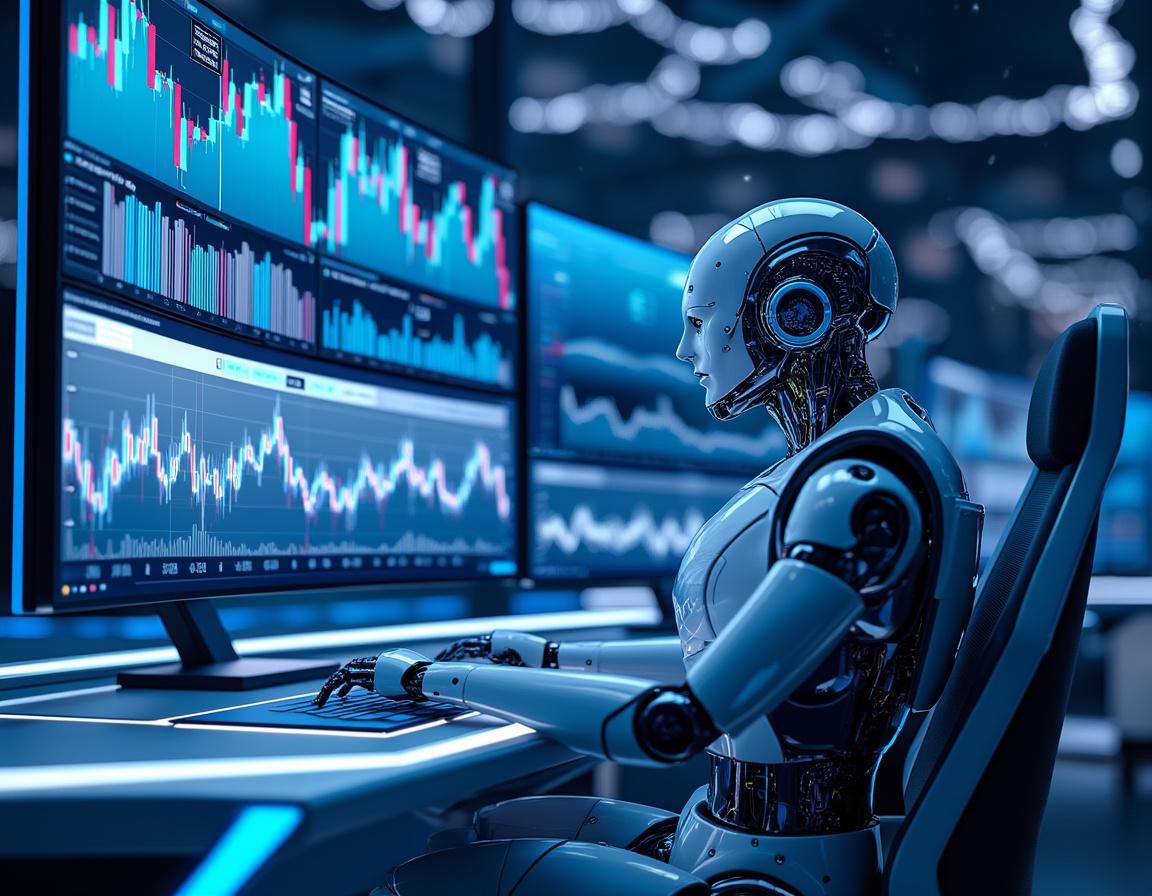 A sleek humanoid AI trading bot at a workstation analyzing market data across multiple screens.