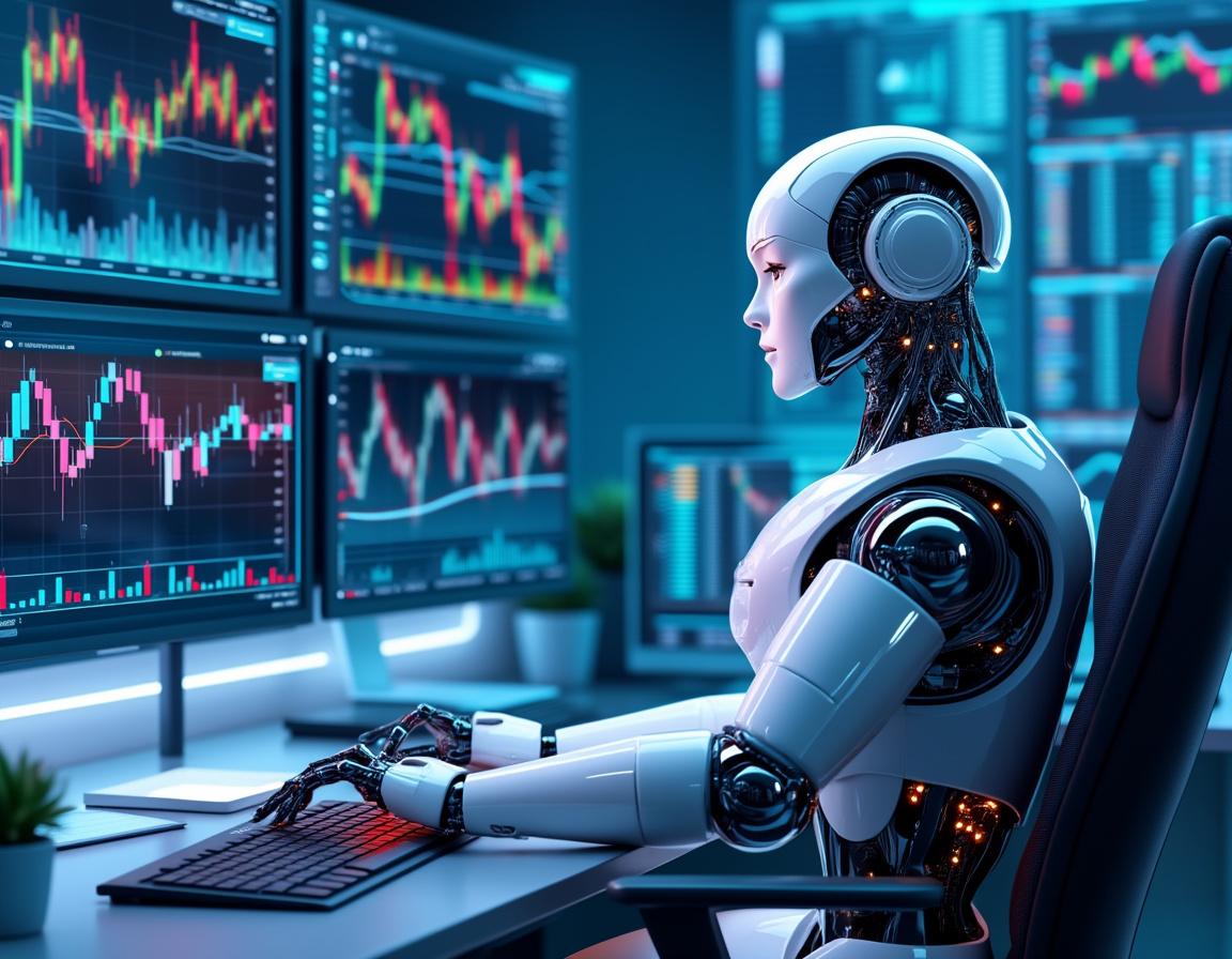 A humanoid AI trading bot analyzes market data at a high-tech workstation with multiple screens.