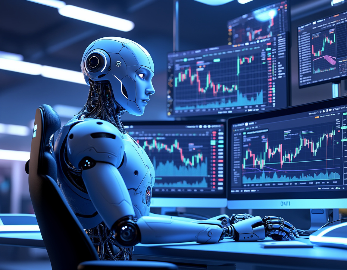 A hyper-realistic AI trading bot at a high-tech workstation analyzing stock and crypto market data.