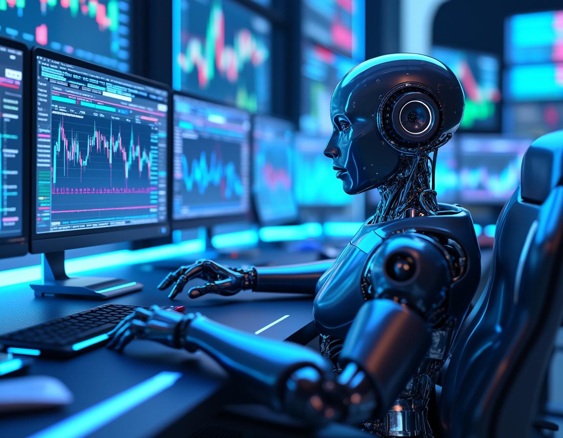 A hyper-realistic AI trading bot analyzes market data at a high-tech workstation, showing charts.