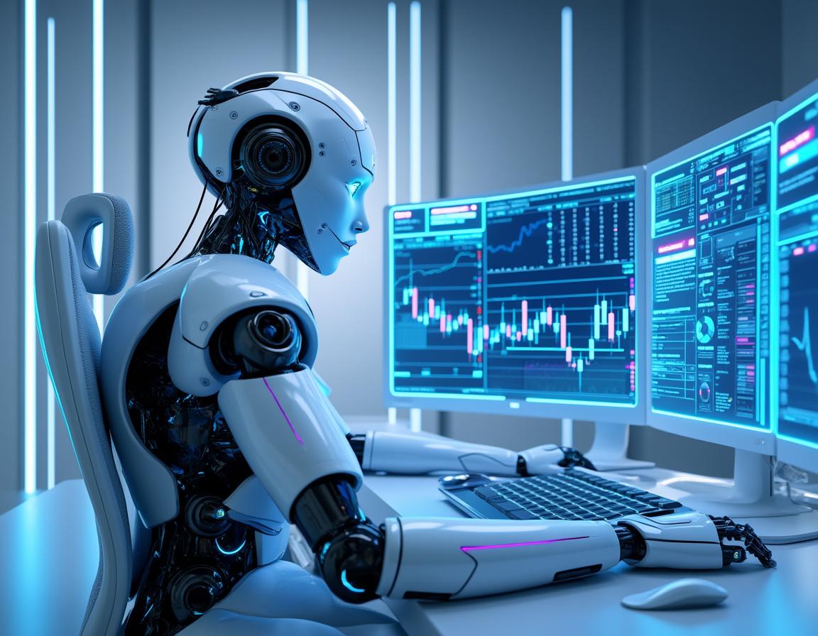 A hyper-realistic AI trading bot at a workstation, analyzing market data across multiple screens.