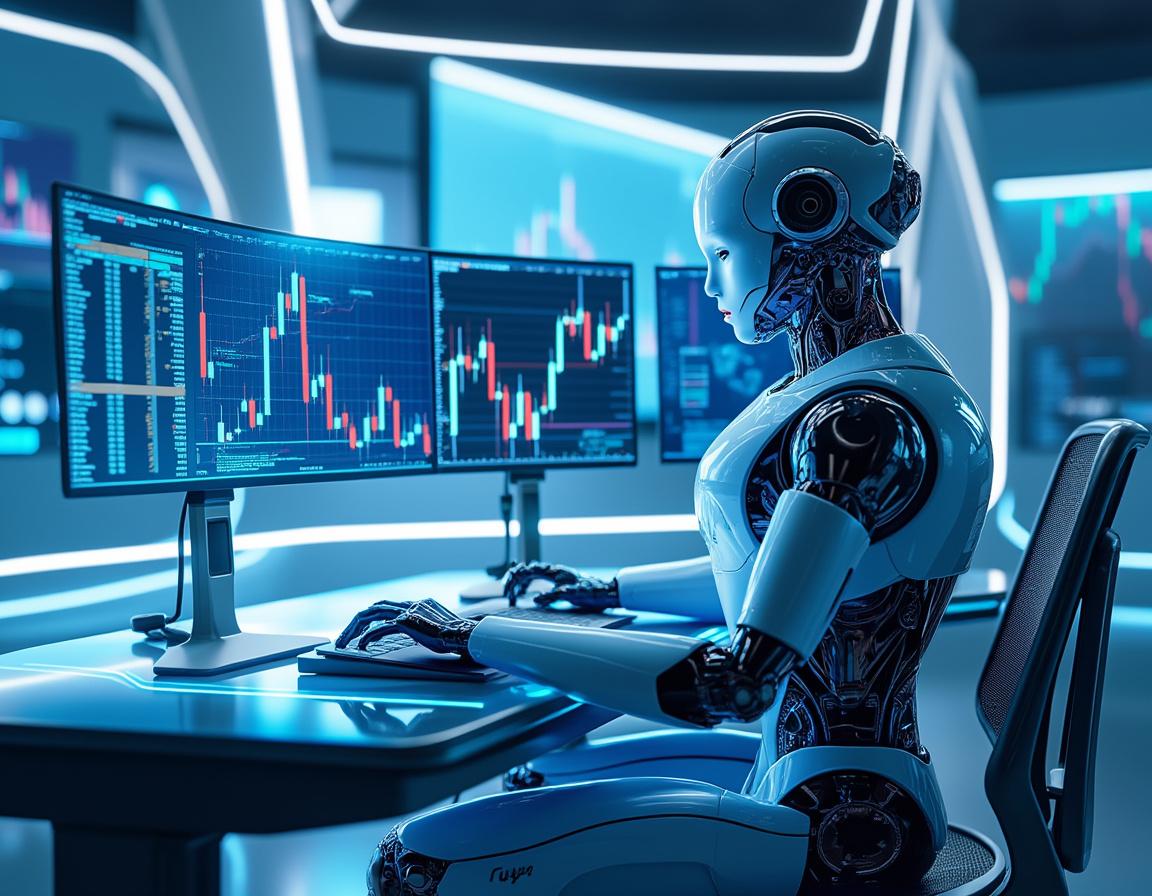 A hyper-realistic AI trading bot at a sleek workstation analyzing market data on multiple screens.