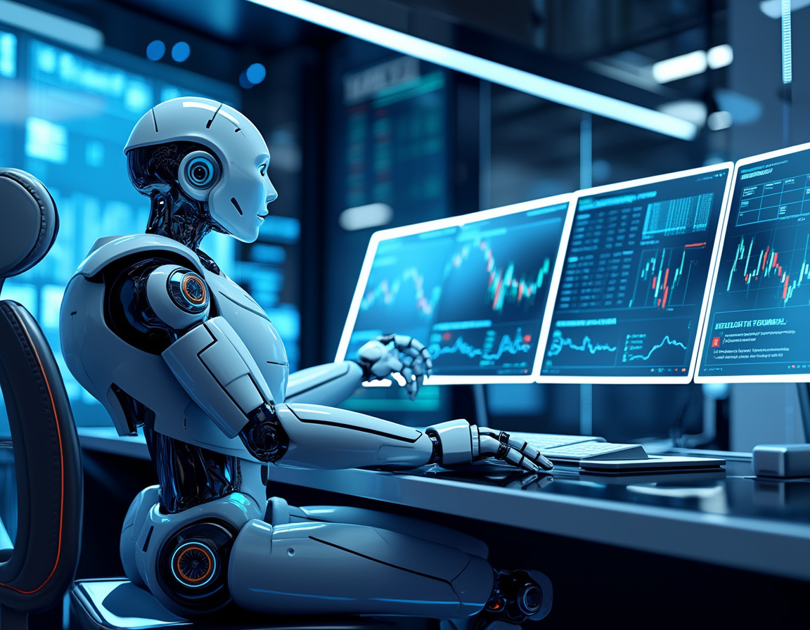 A hyper-realistic AI trading bot at a workstation analyzing data across multiple screens in finance.