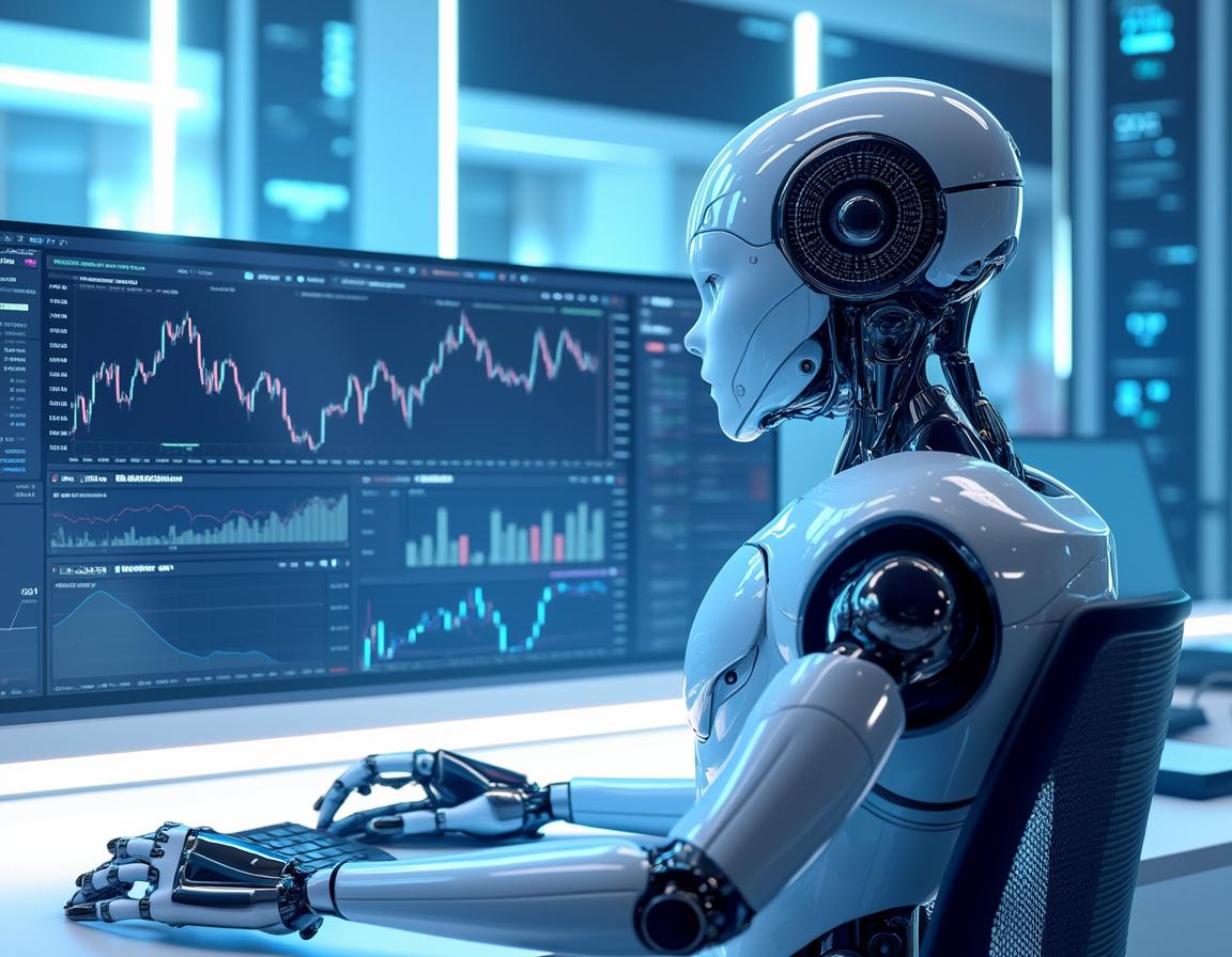 A hyper-realistic AI trading bot at a high-tech workstation analyzing multiple market data screens.