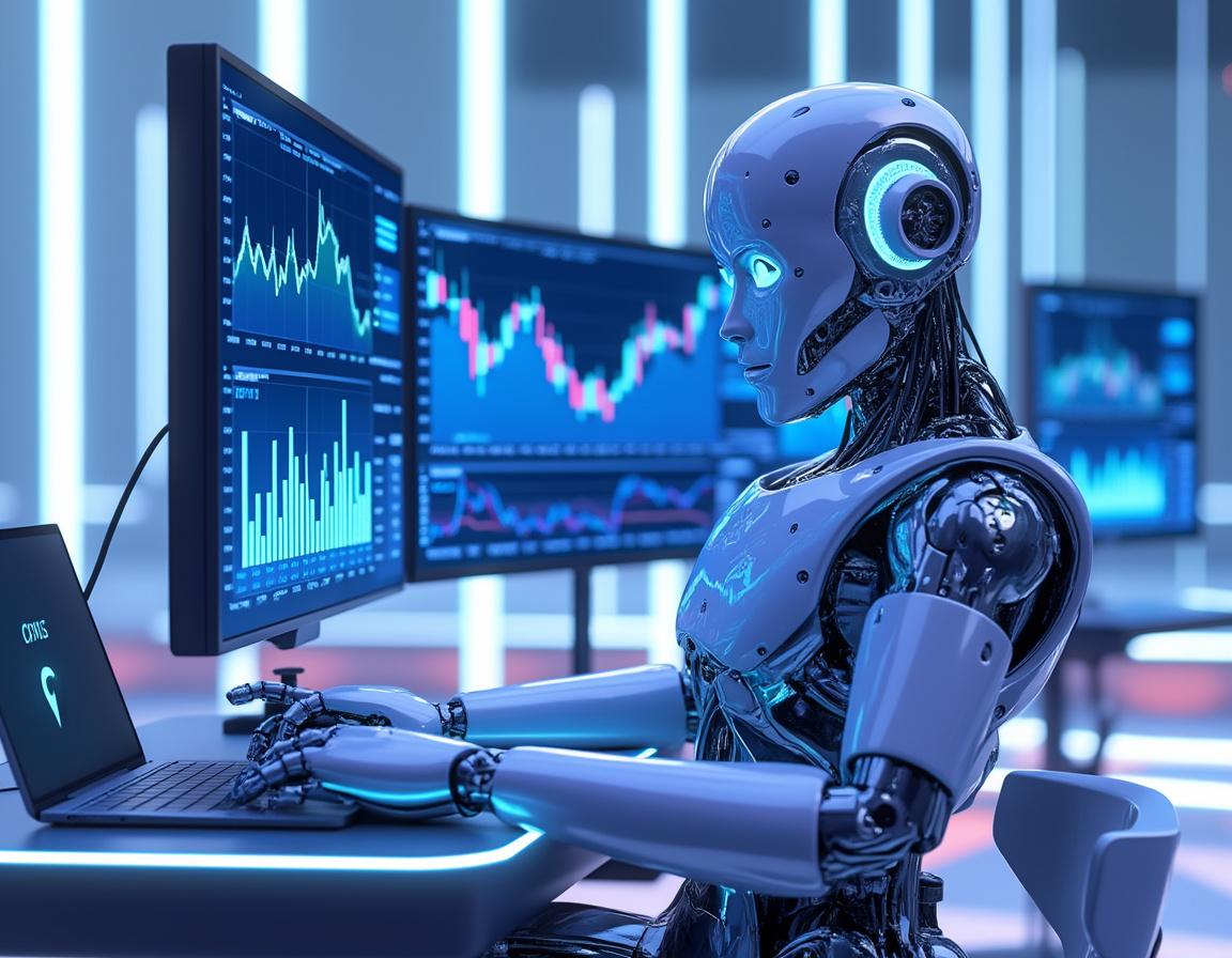 A humanoid AI trading bot analyzes market data at a high-tech workstation with multiple screens.
