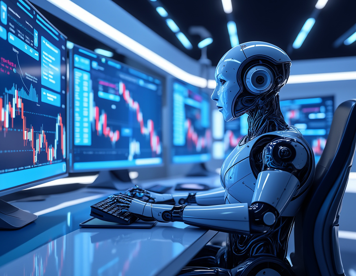 A humanoid AI trading bot analyzes market data at a sleek workstation surrounded by glowing screens.