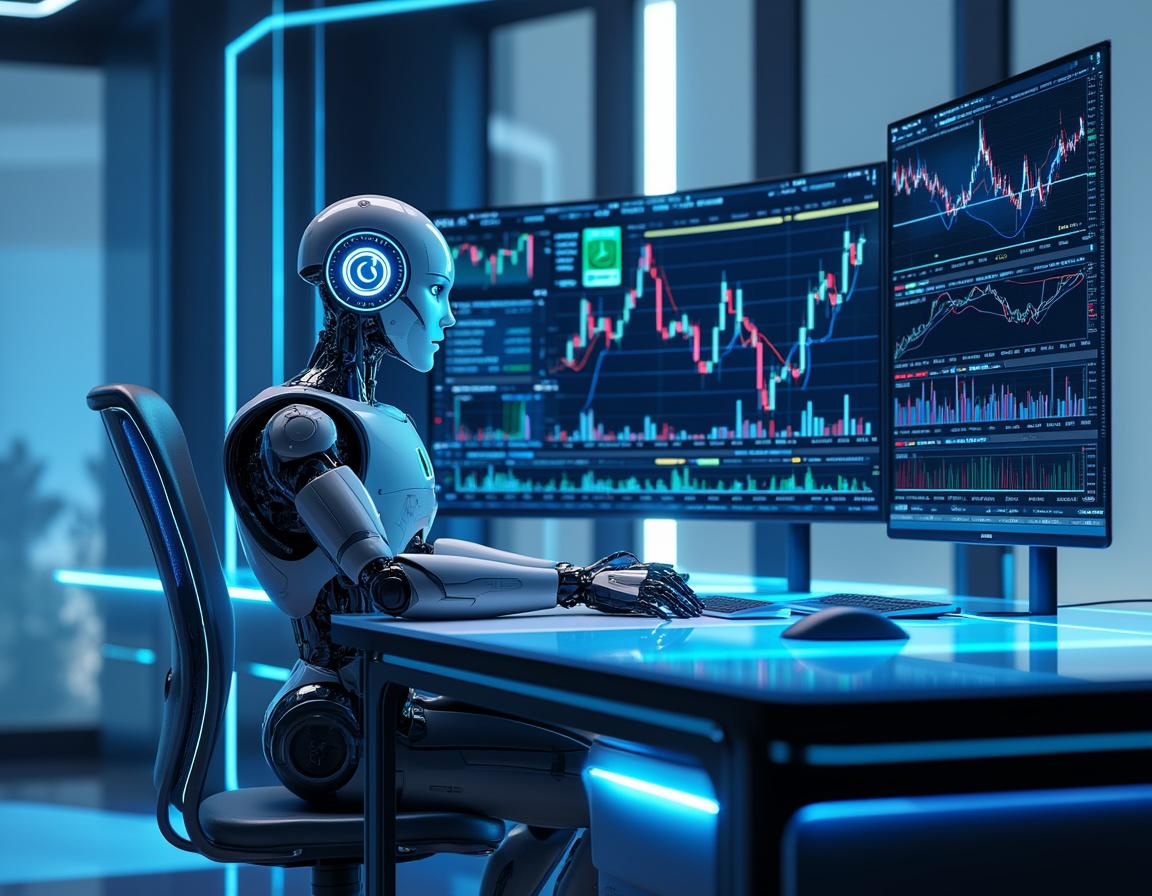 A humanoid AI trading bot at a futuristic workstation, analyzing multiple screens with market data.