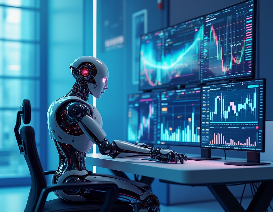Hiperrealistyczny bot handlowy oparty na sztucznej inteligencji analizuje dane rynkowe na wielu ekranach na stanowisku roboczym.