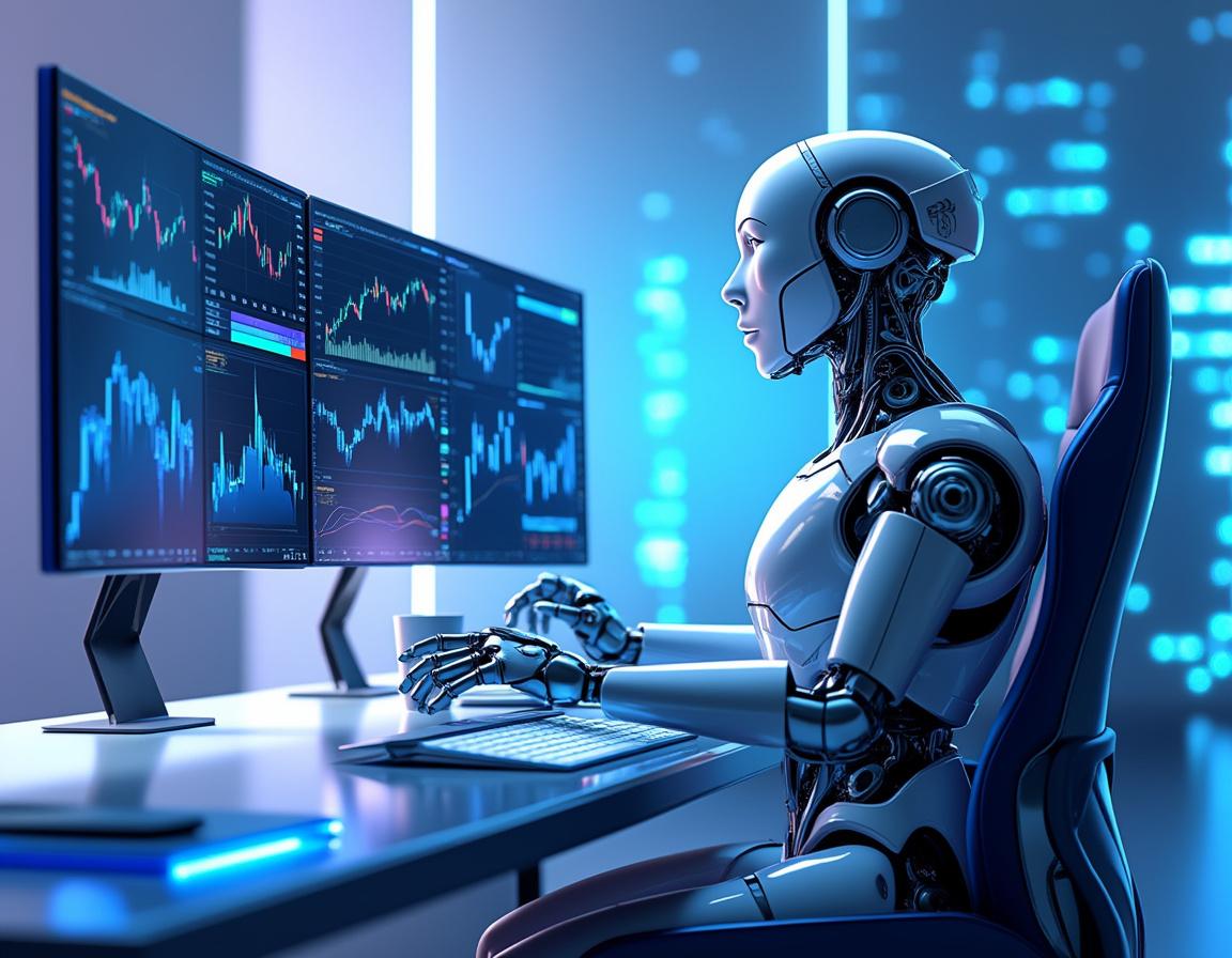 A hyper-realistic AI trading bot at a high-tech workstation analyzing markets on multiple screens.