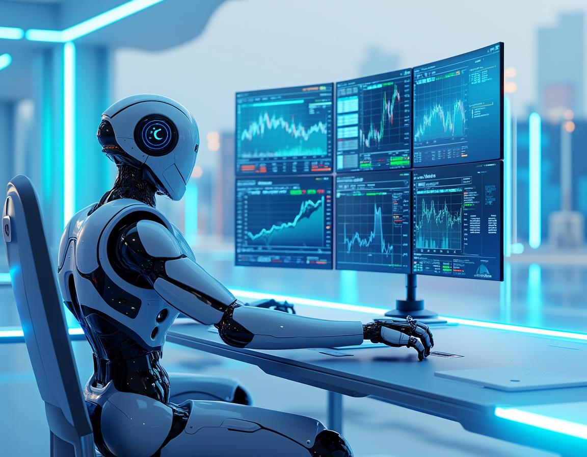 A hyper-realistic AI trading bot at a high-tech workstation analyzing crypto and stock market data.