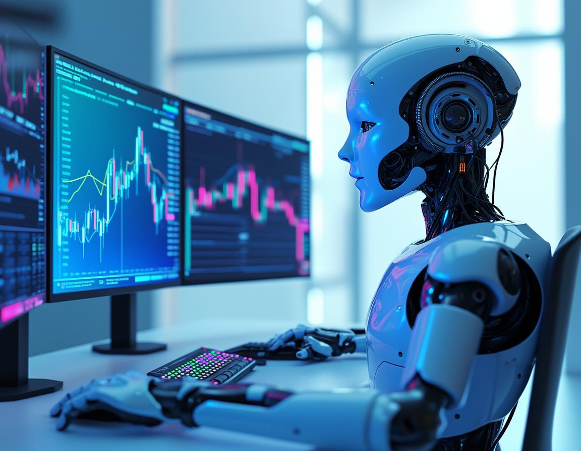 A hyper-realistic AI trading bot at a workstation analyzing market data on multiple screens in 2023.