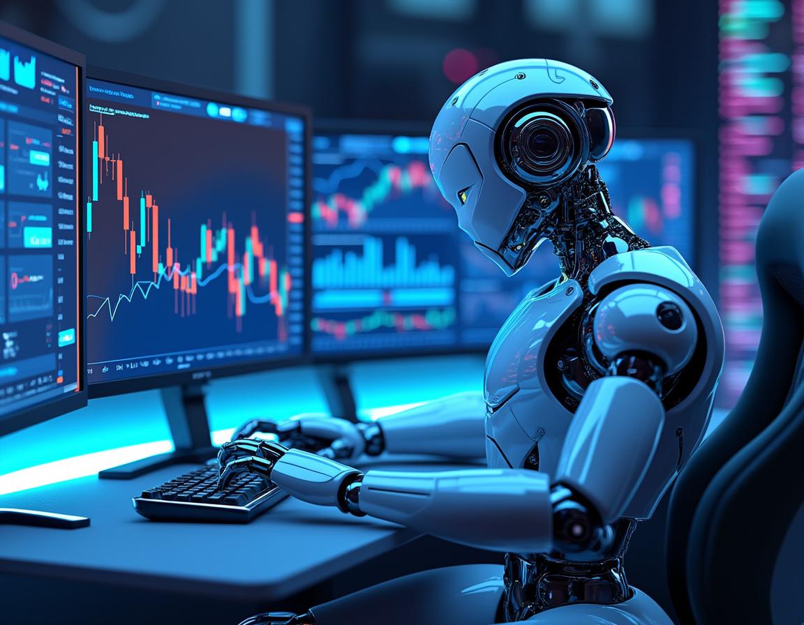 A hyper-realistic AI trading bot at a workstation analyzing market data across multiple screens.