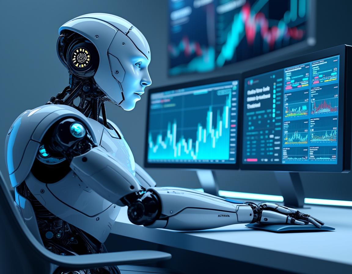 A hyper-realistic AI trading bot at a sleek workstation analyzing market data on multiple screens.