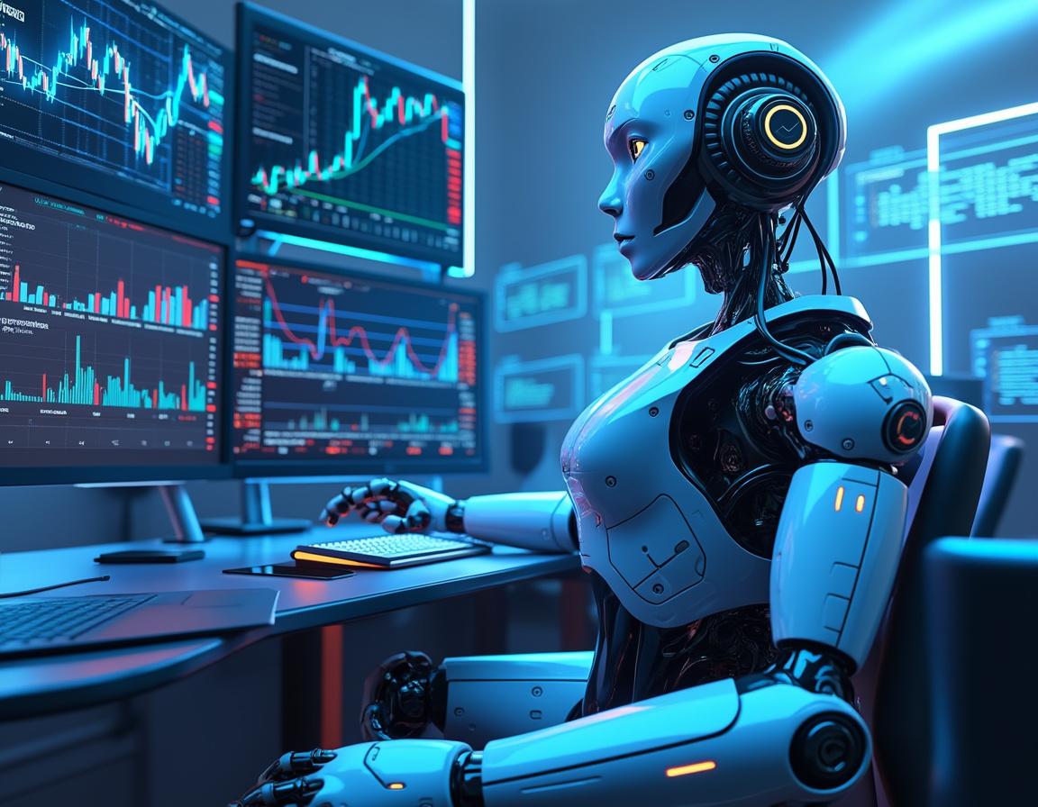 A humanoid AI trading bot sits at a high-tech workstation analyzing market data on multiple screens.