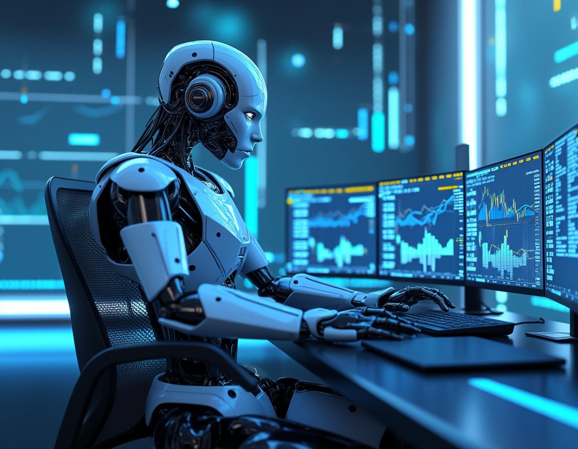 A hyper-realistic AI trading bot analyzes crypto and stock market data at a high-tech workstation.