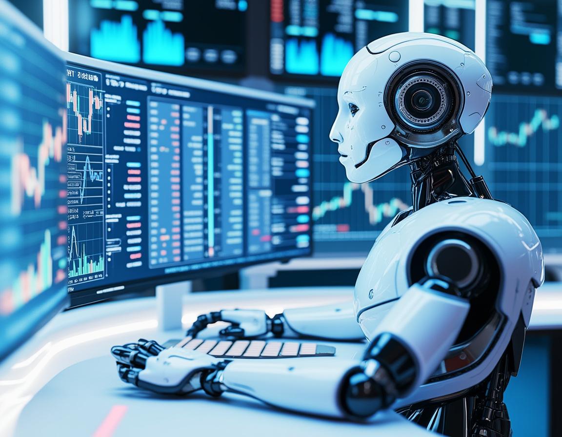 A humanoid AI trading bot analyzes market data at a high-tech workstation with multiple screens.