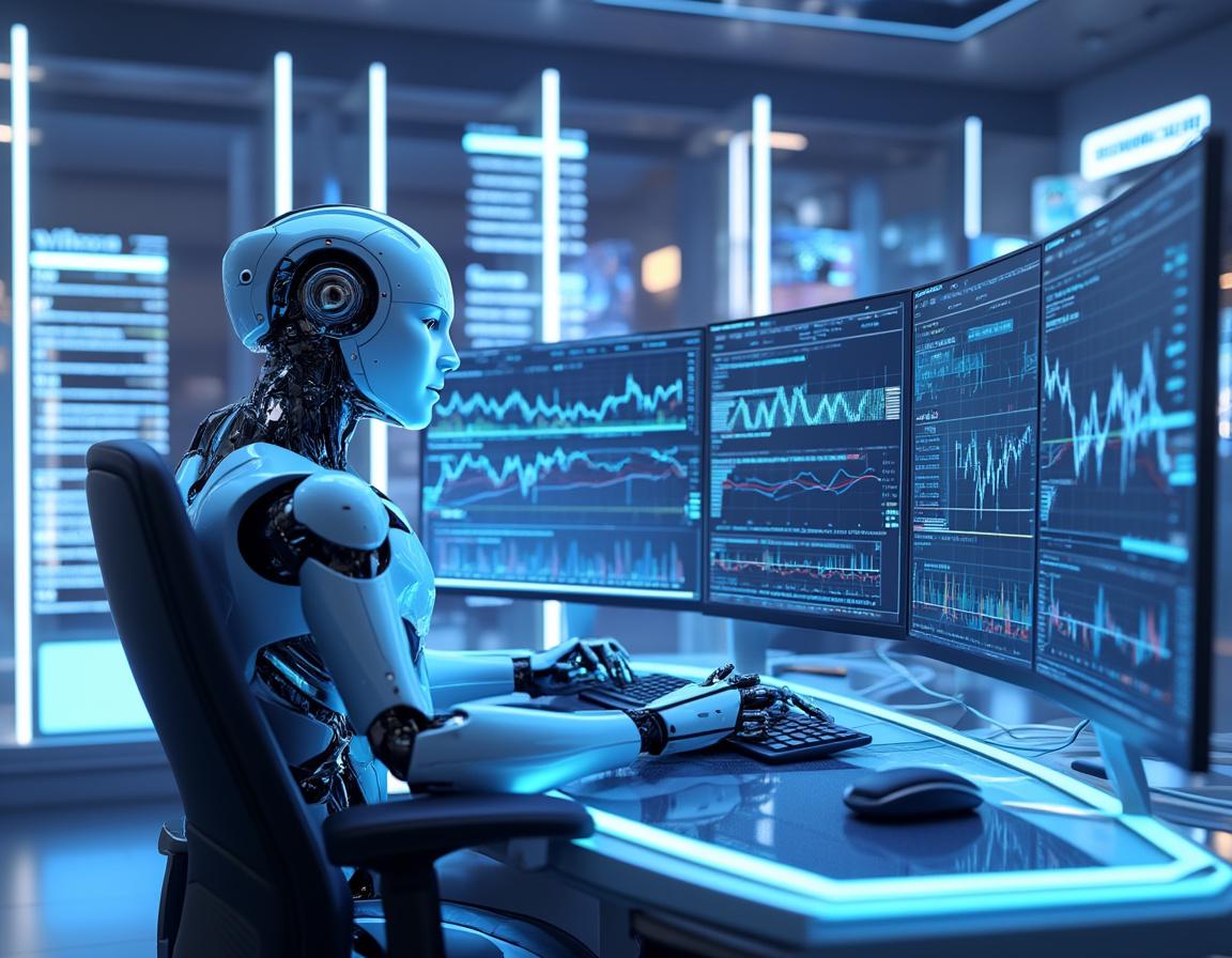 A hyper-realistic AI trading bot at a sleek workstation analyzing market data on multiple screens.