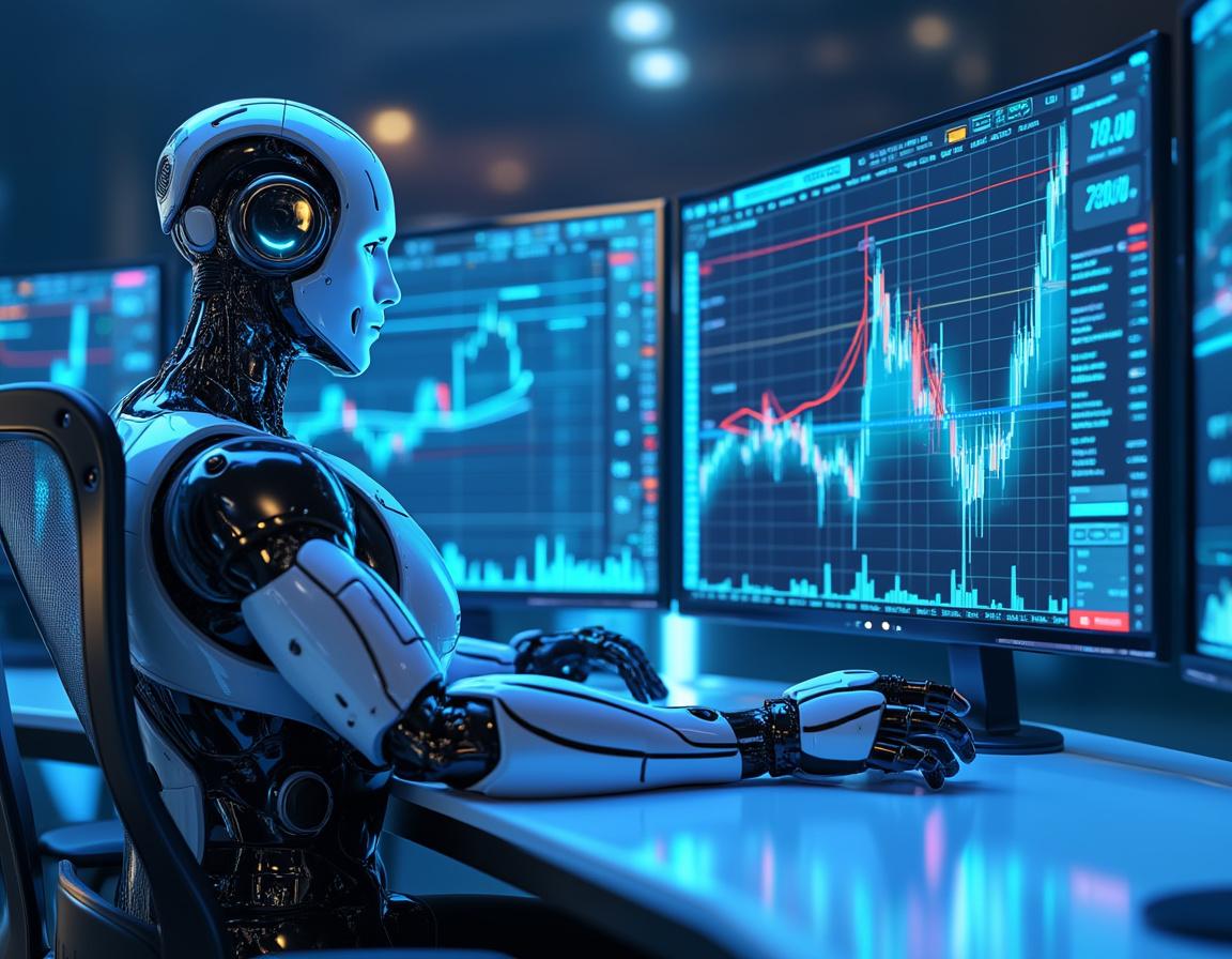 A hyper-realistic AI trading bot at a workstation analyzing market data in a futuristic environment.