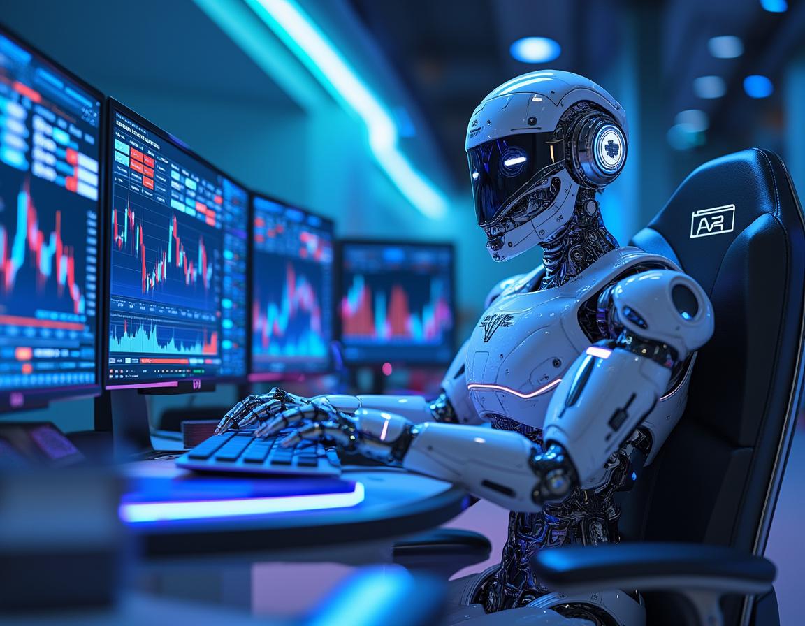 A humanoid AI trading bot analyzes market data at a high-tech workstation with multiple screens.