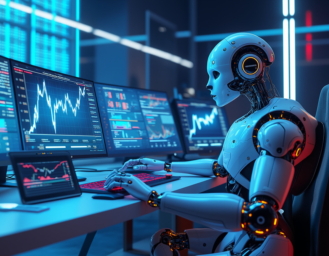 A hyper-realistic AI trading bot analyzes market data in a futuristic financial environment.