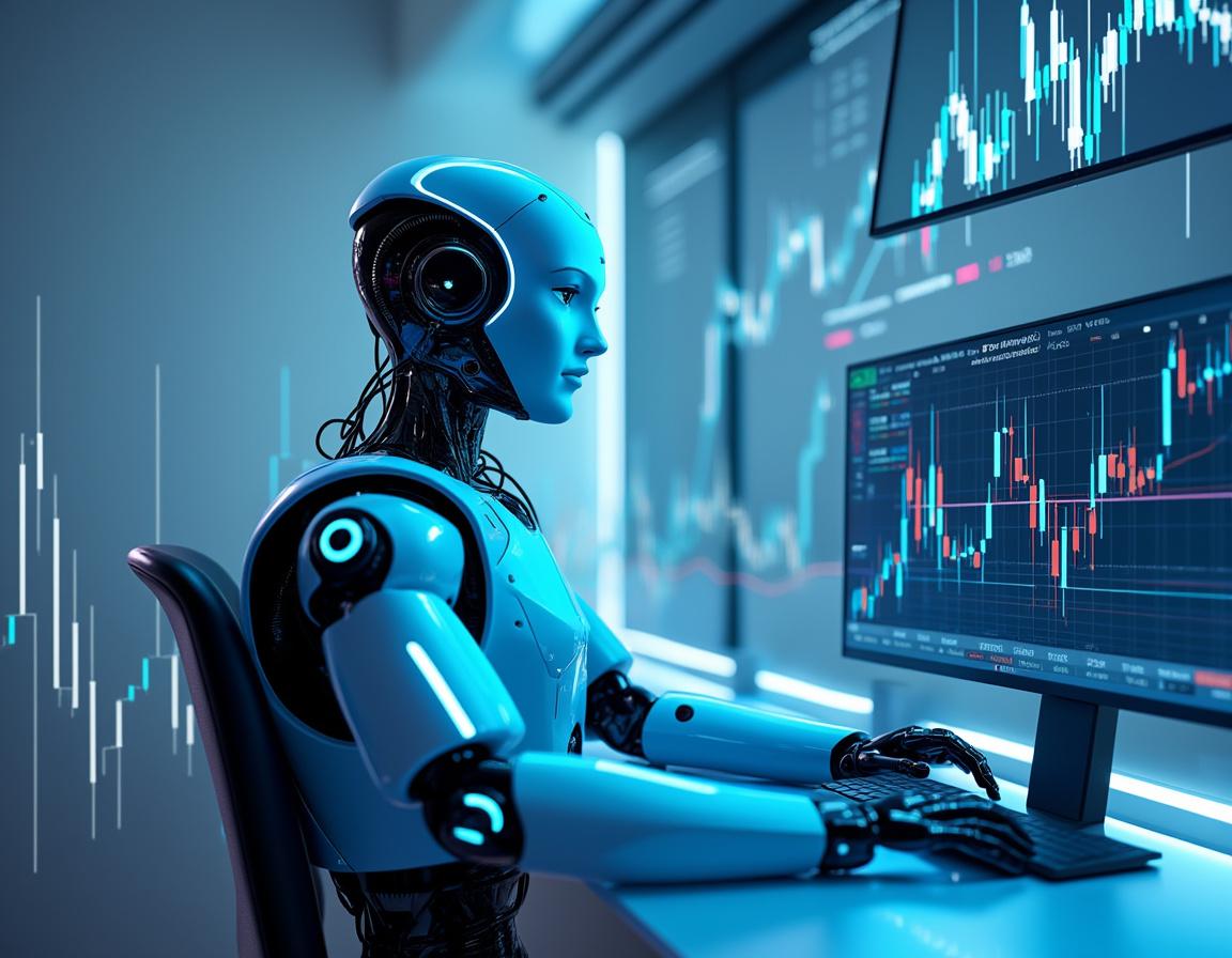 A sleek humanoid AI trading bot at a high-tech workstation, analyzing markets on multiple screens.