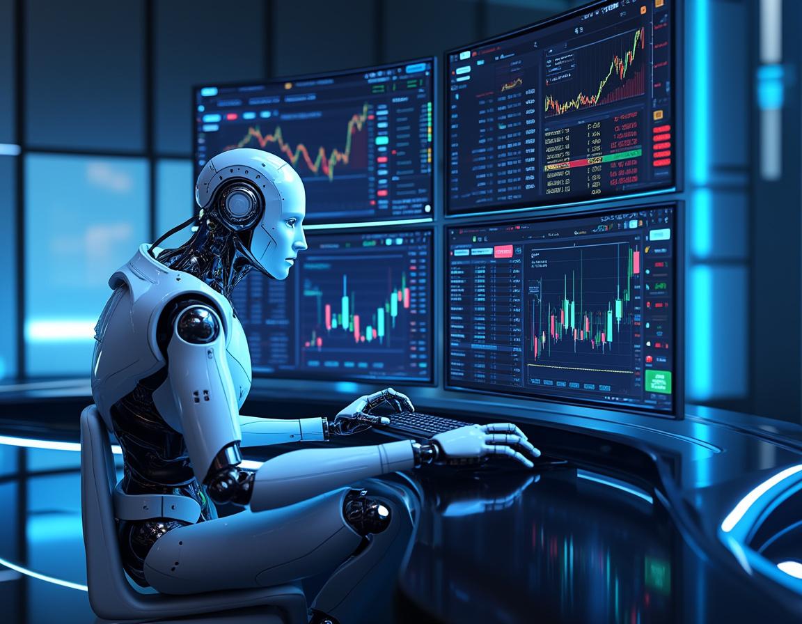 A futuristic AI trading bot at a workstation analyzes market data on multiple screens in 3D realism.