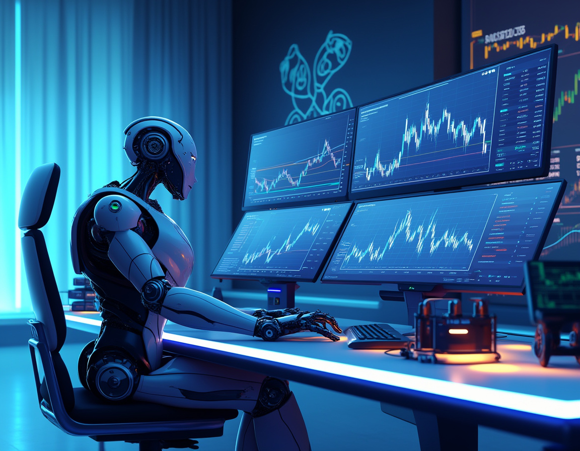 A humanoid AI trading bot analyzes market data at a high-tech workstation with multiple screens.