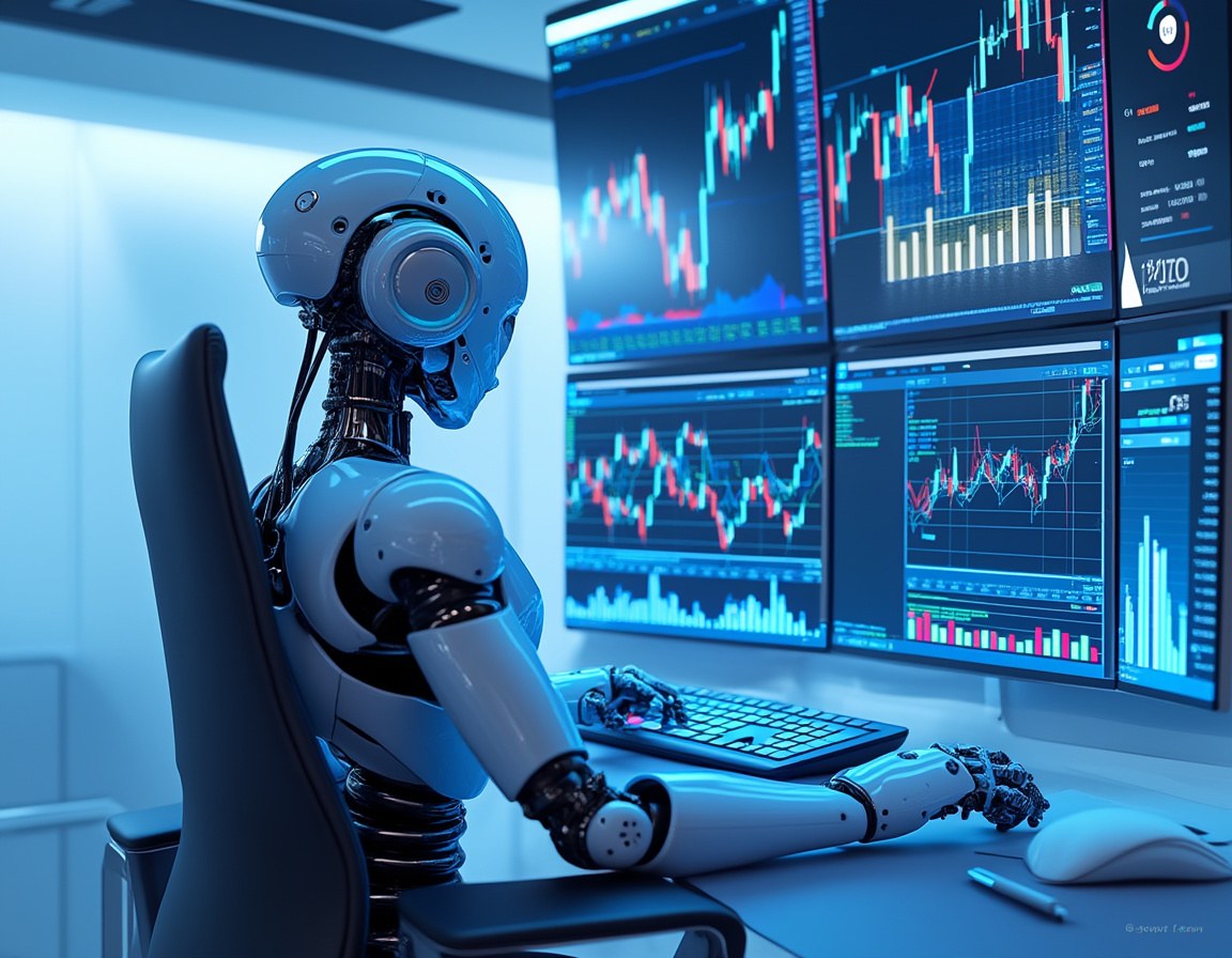 A hyper-realistic AI trading bot at a sleek workstation, analyzing market data on multiple screens.