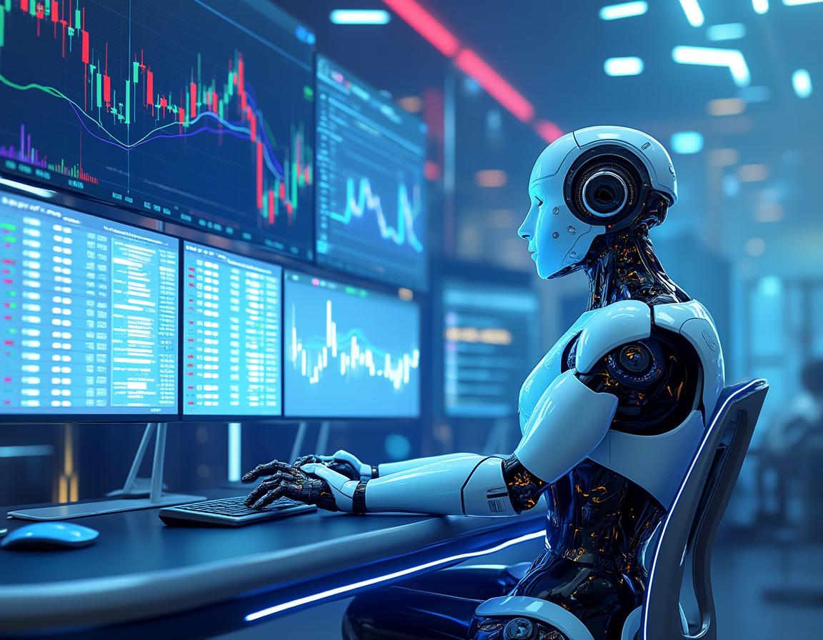A futuristic AI trading bot analyzes market data on multiple screens in a high-tech workstation.