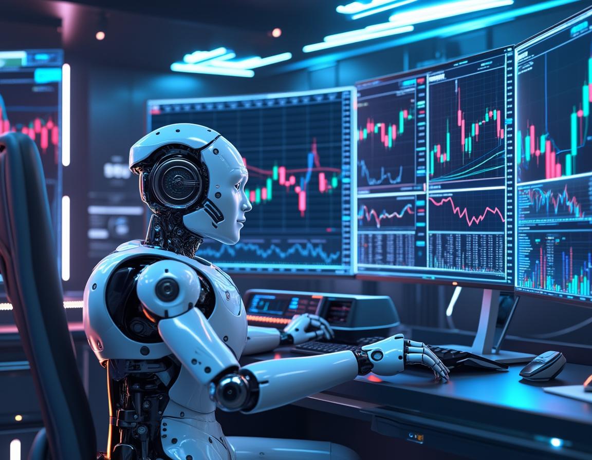 A hyper-realistic AI trading bot at a workstation, analyzing market data on multiple screens.
