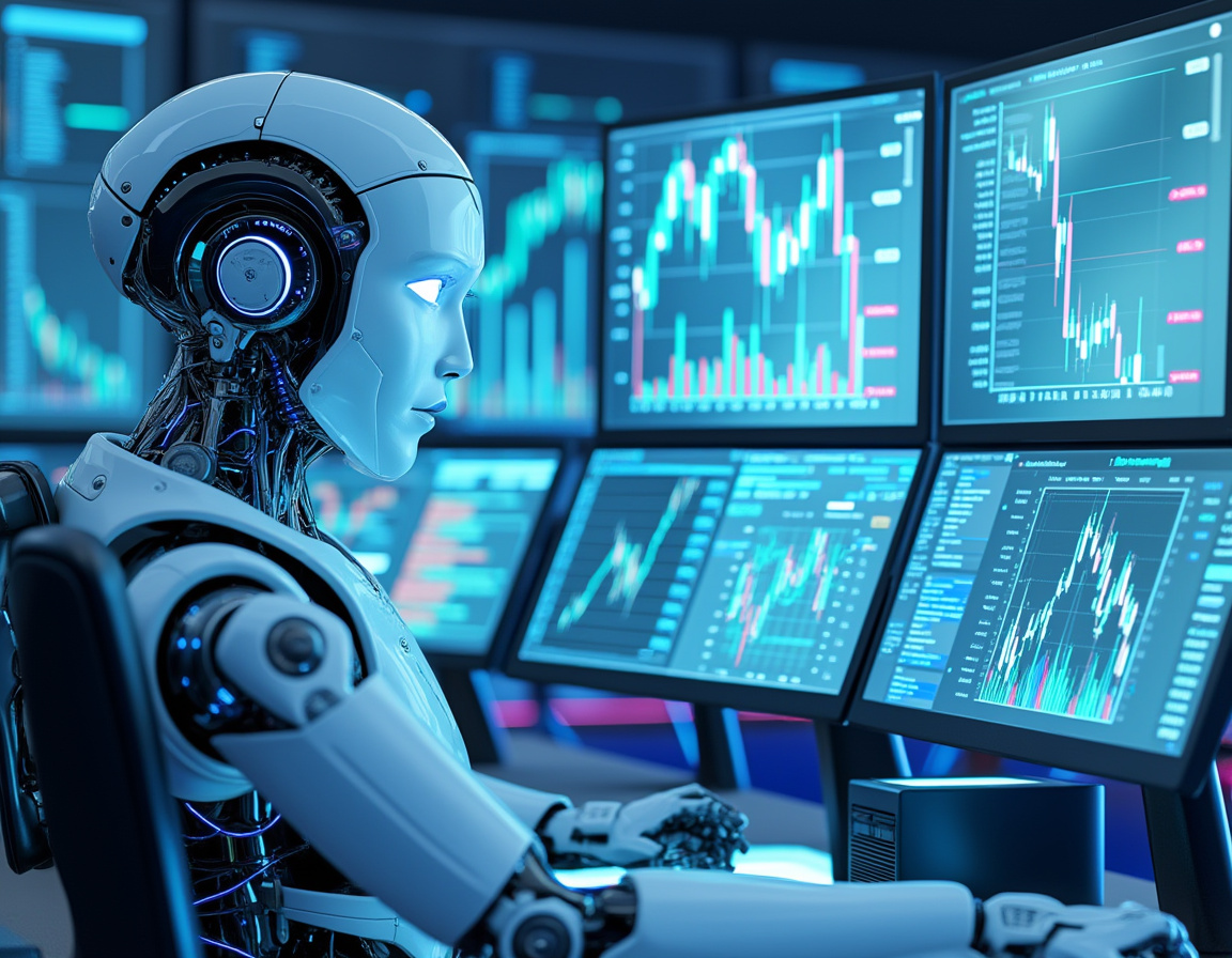 A humanoid AI trading bot analyzes market data at a high-tech workstation with multiple screens.