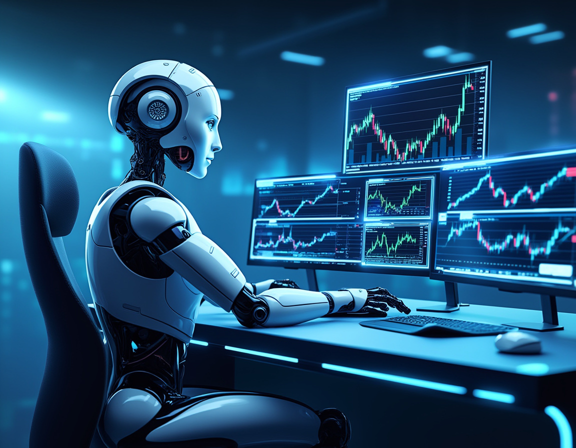 A hyper-realistic AI trading bot in a sleek workstation analyzes market data on multiple screens.