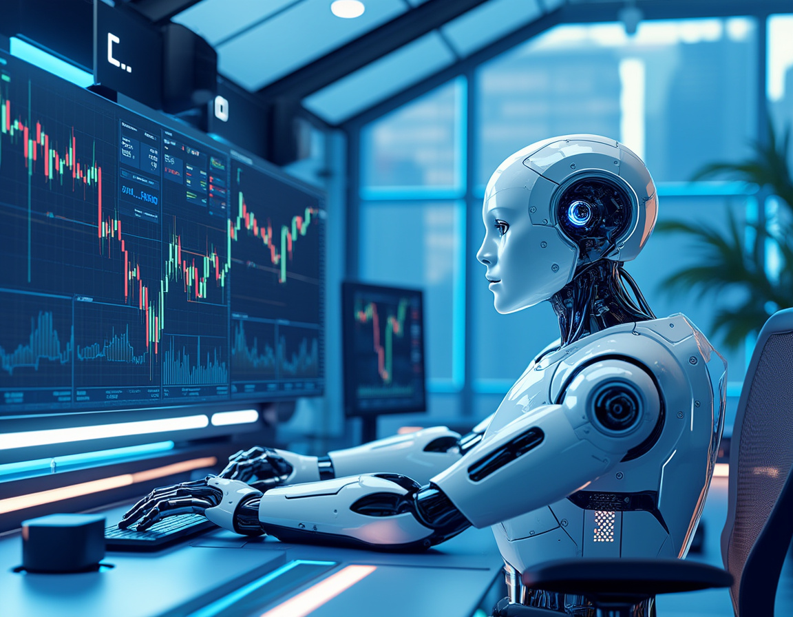 Hyper-realistic AI trading bot at a workstation analyzing market data with multi-screen displays.
