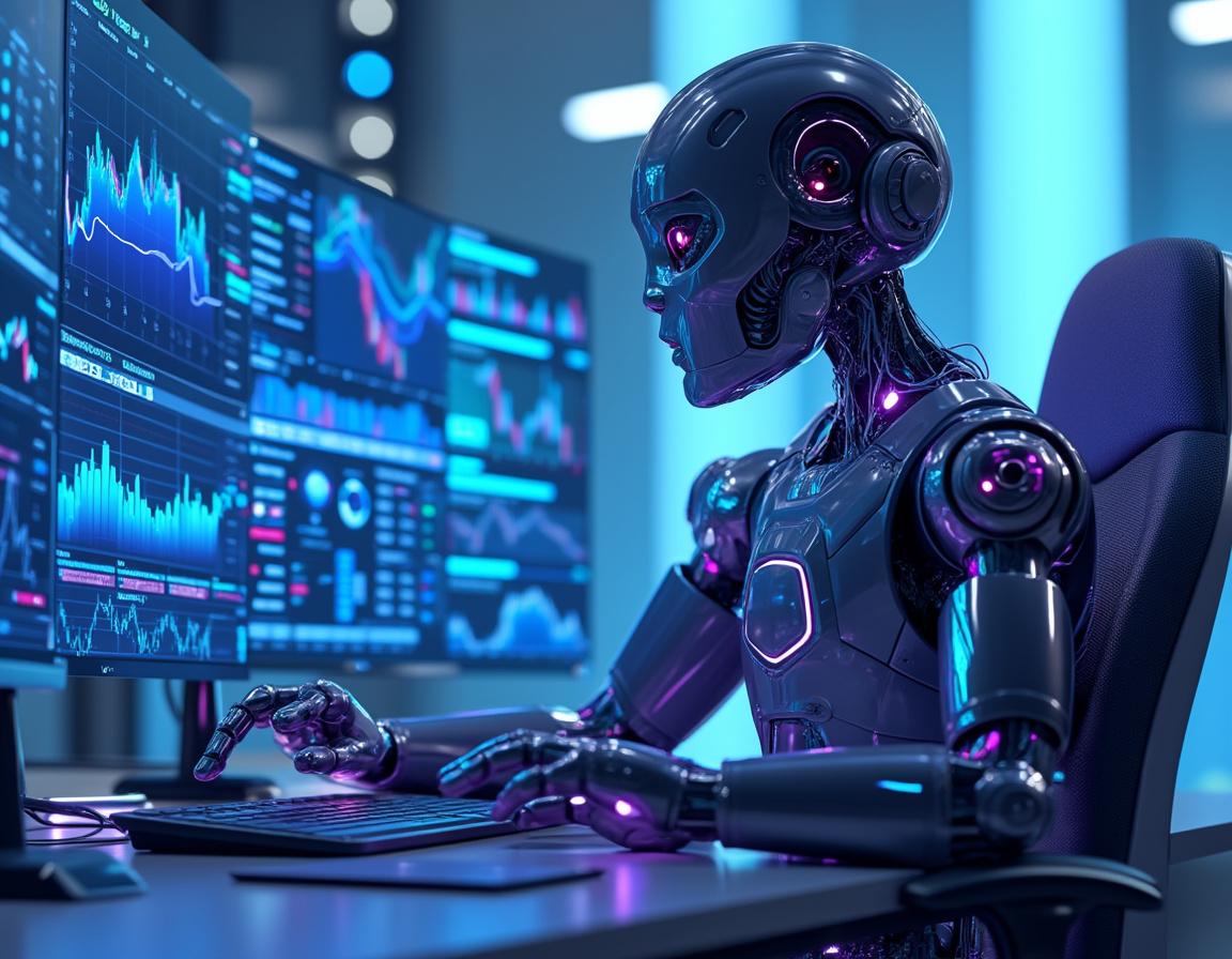 A humanoid AI trading bot analyzes market data at a high-tech workstation, surrounded by screens.