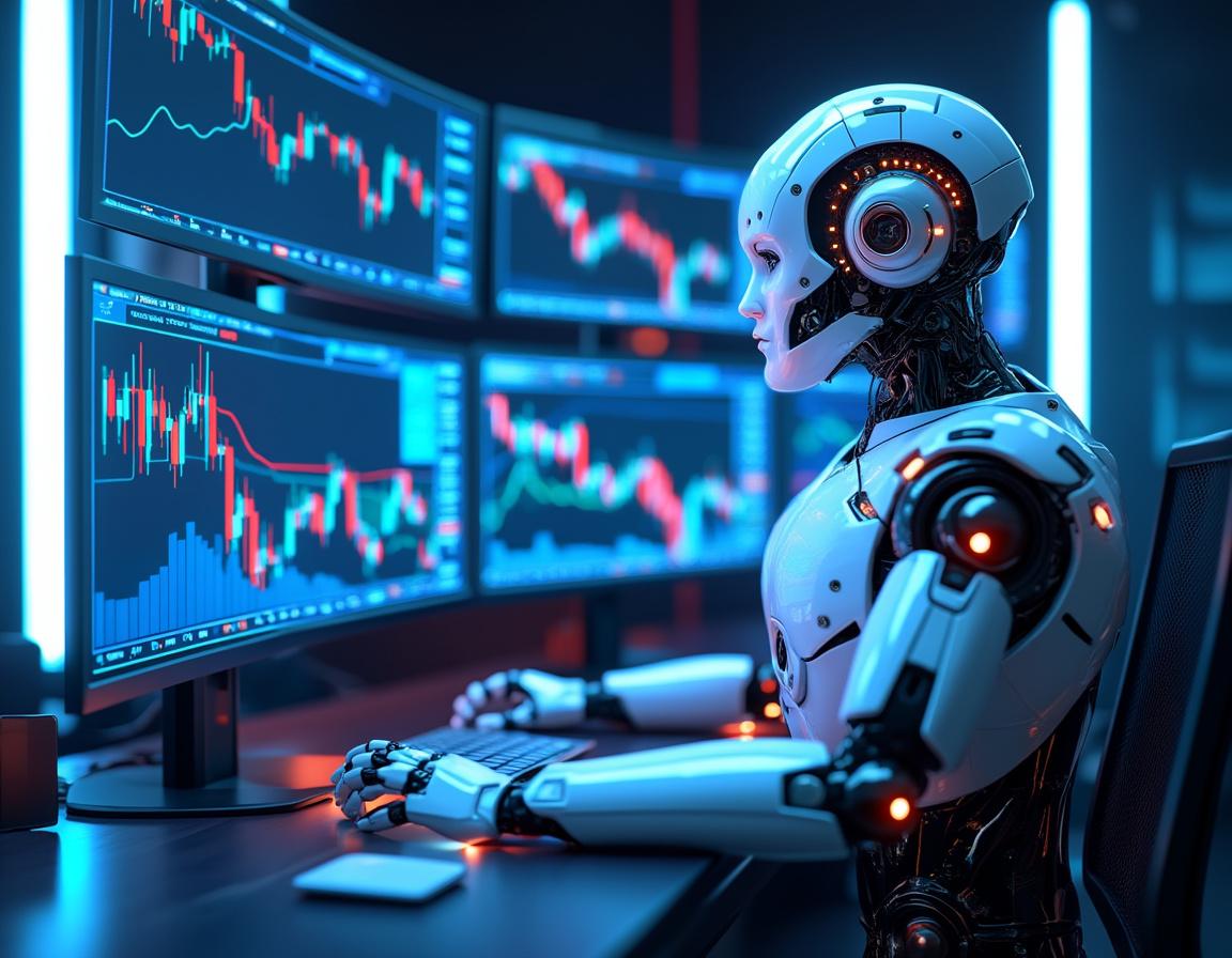 A humanoid AI trading bot analyzes market data at a high-tech workstation with glowing screens.