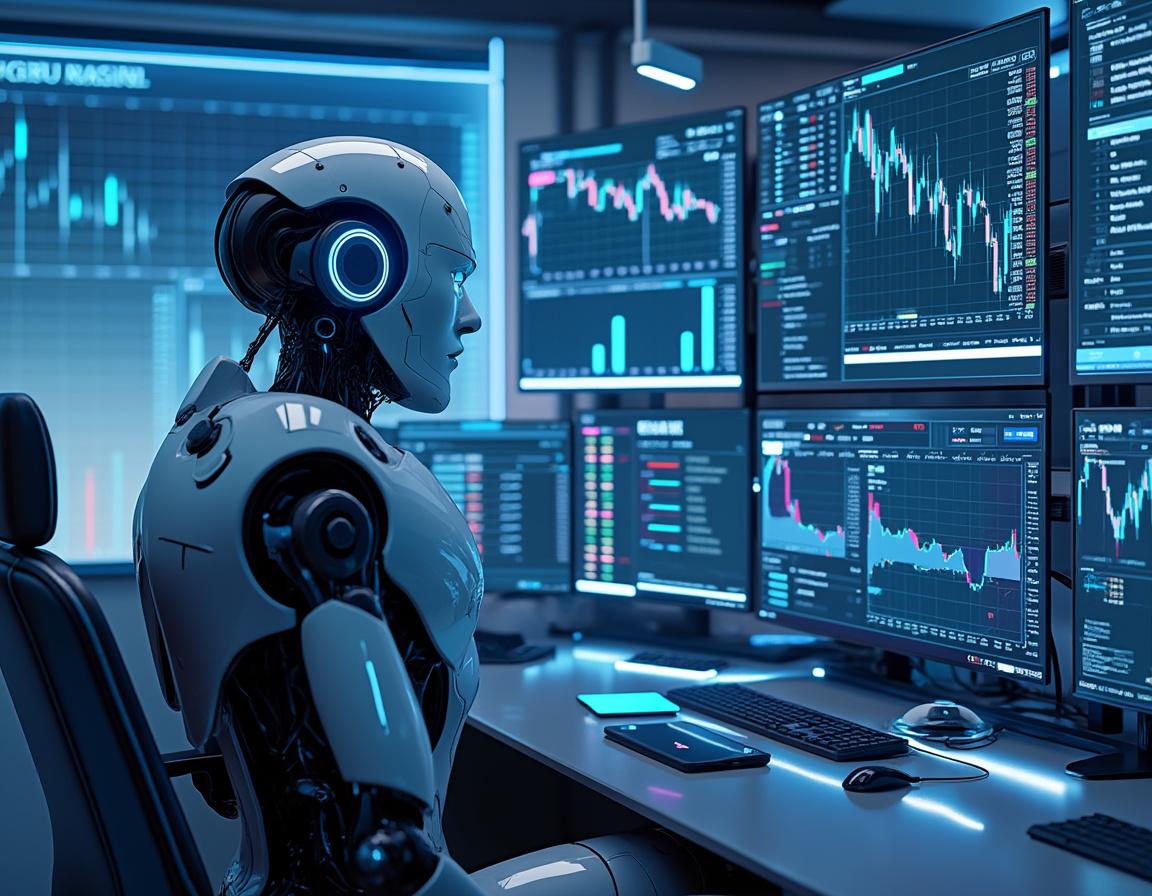 A humanoid AI trading bot analyzes market data at a high-tech workstation with multiple screens.