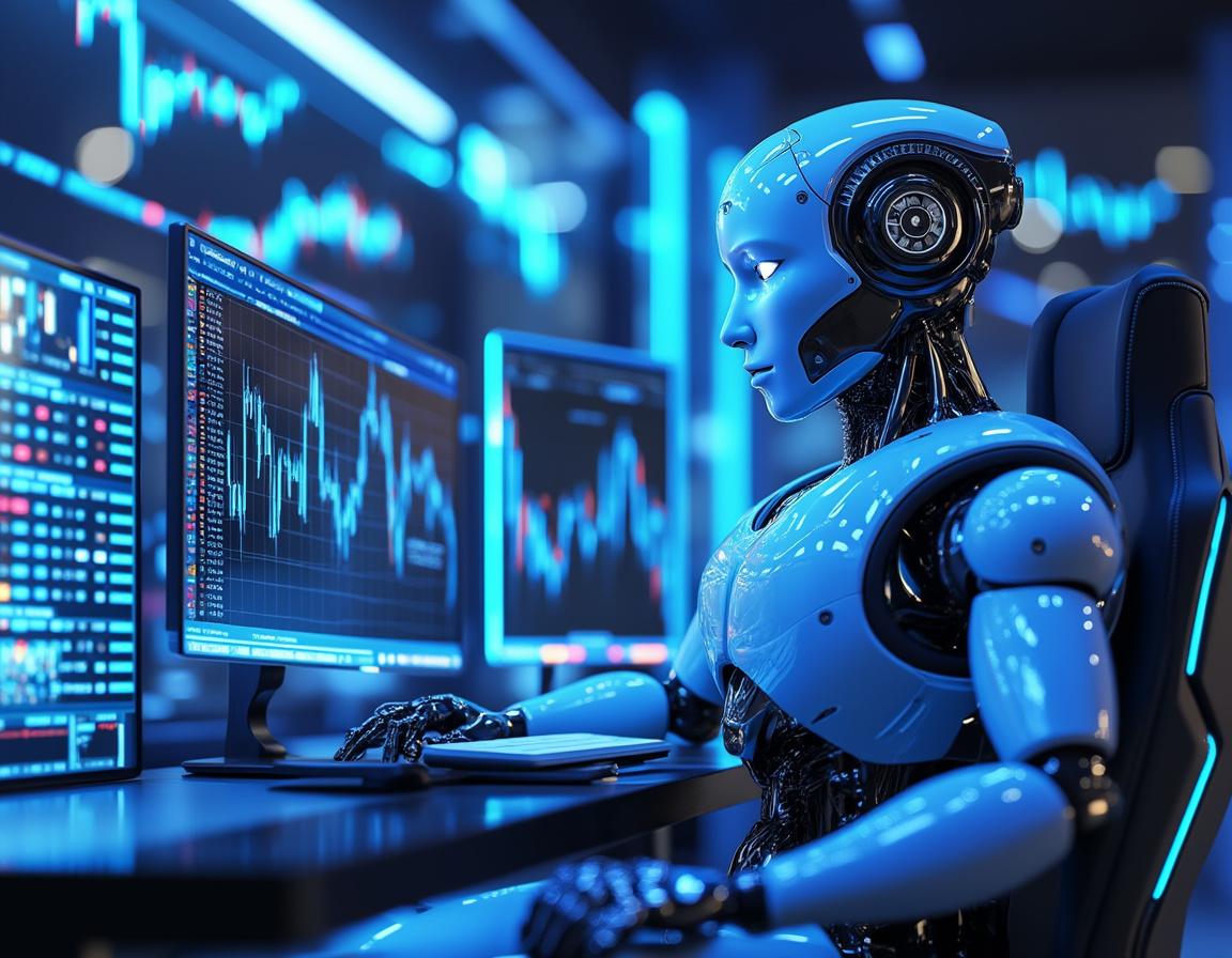 A humanoid AI trading bot at a workstation, analyzing crypto and stock data on multiple screens.