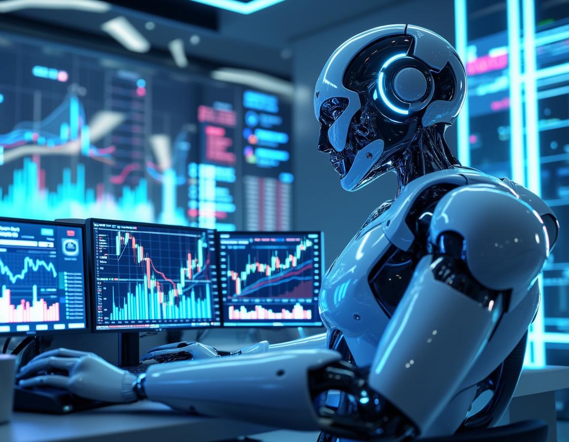A hyper-realistic AI trading bot analyzes market data on multiple screens in a futuristic setting.
