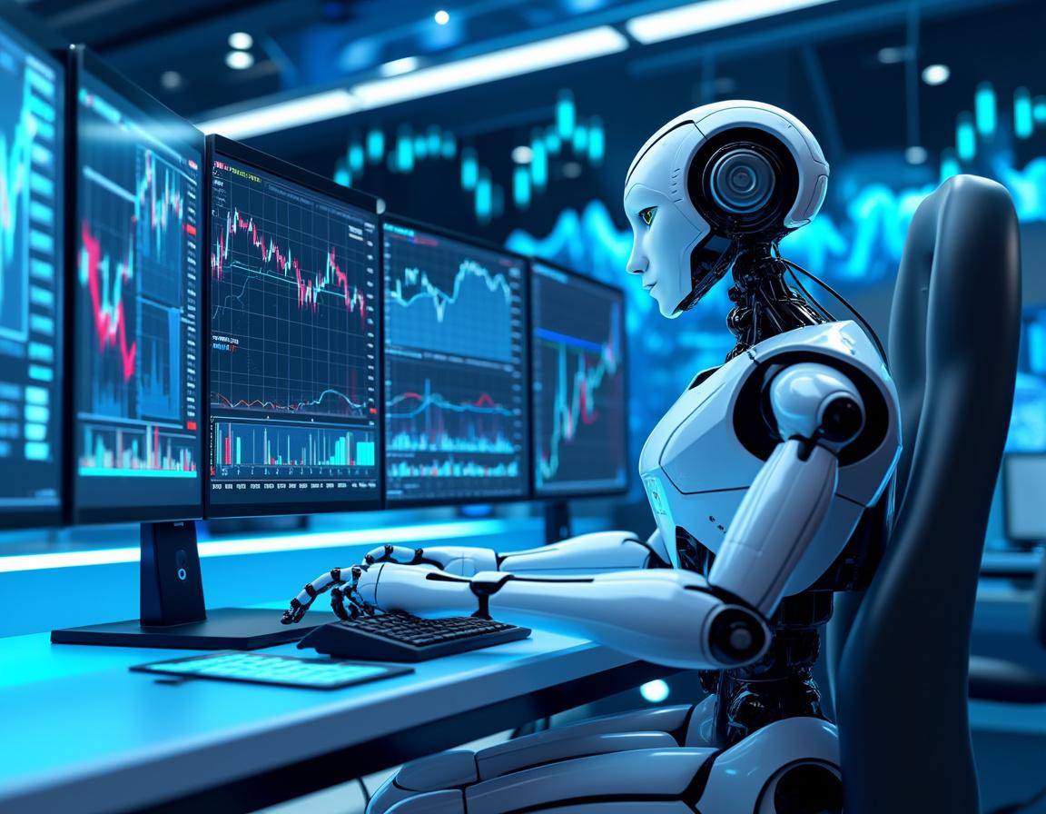 A humanoid AI trading bot analyzes market data at a high-tech workstation with multiple screens.